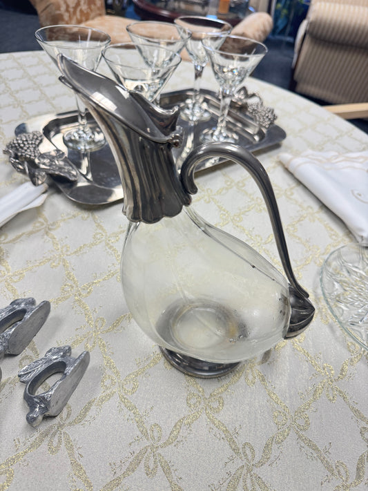 Glass  Decanter with Silver Tone Handle Vintage Style Carafe Art Deco Barware Elegant Table Serving Pitcher