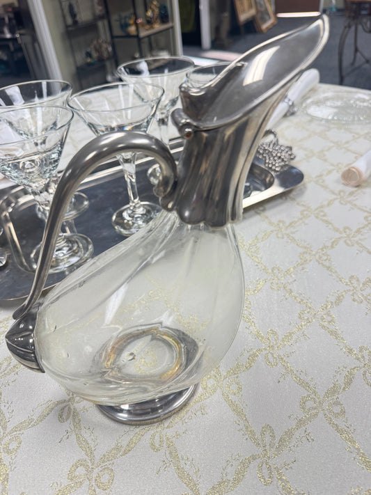 Glass  Decanter with Silver Tone Handle Vintage Style Carafe Art Deco Barware Elegant Table Serving Pitcher