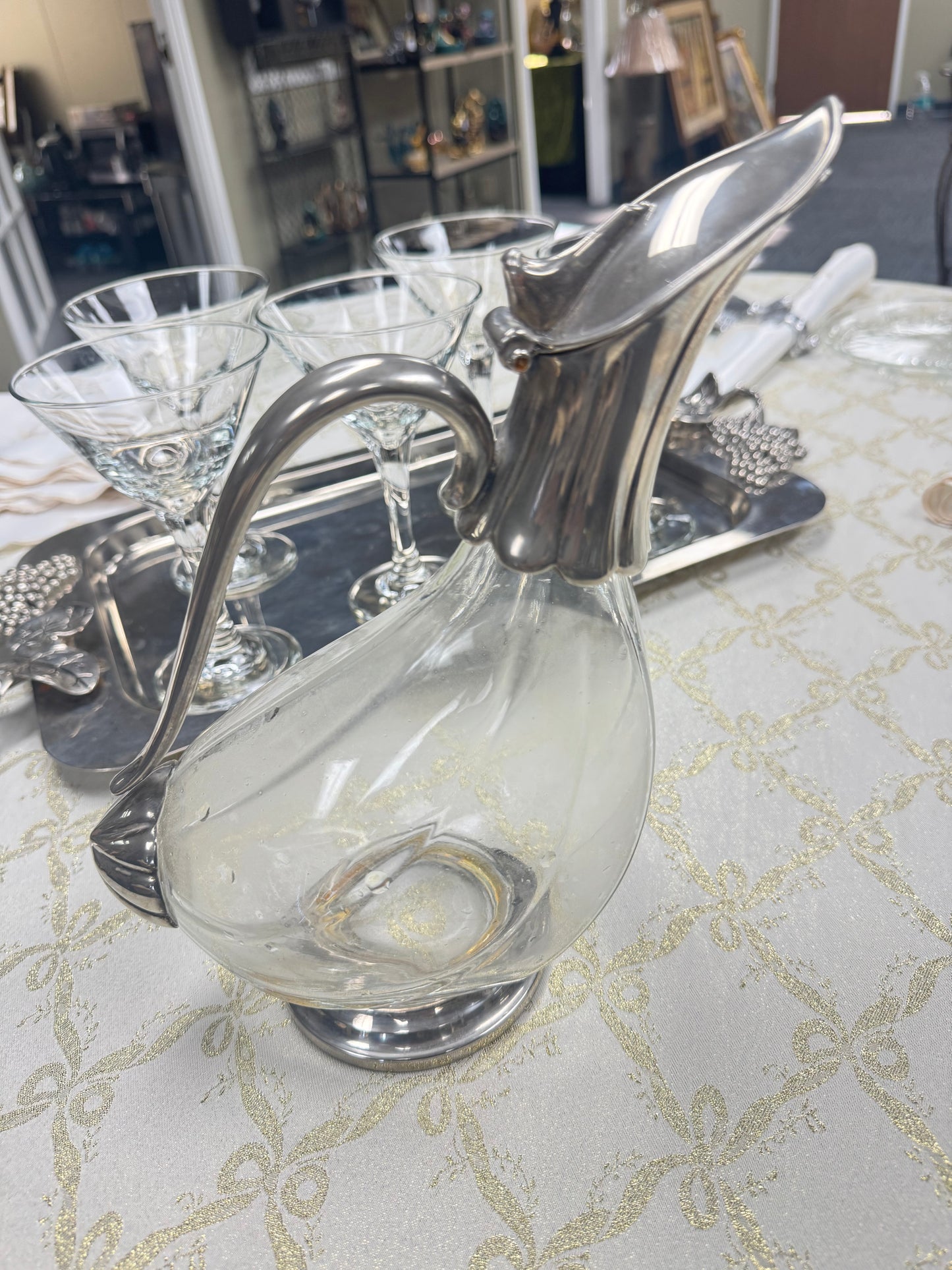 Glass  Decanter with Silver Tone Handle Vintage Style Carafe Art Deco Barware Elegant Table Serving Pitcher