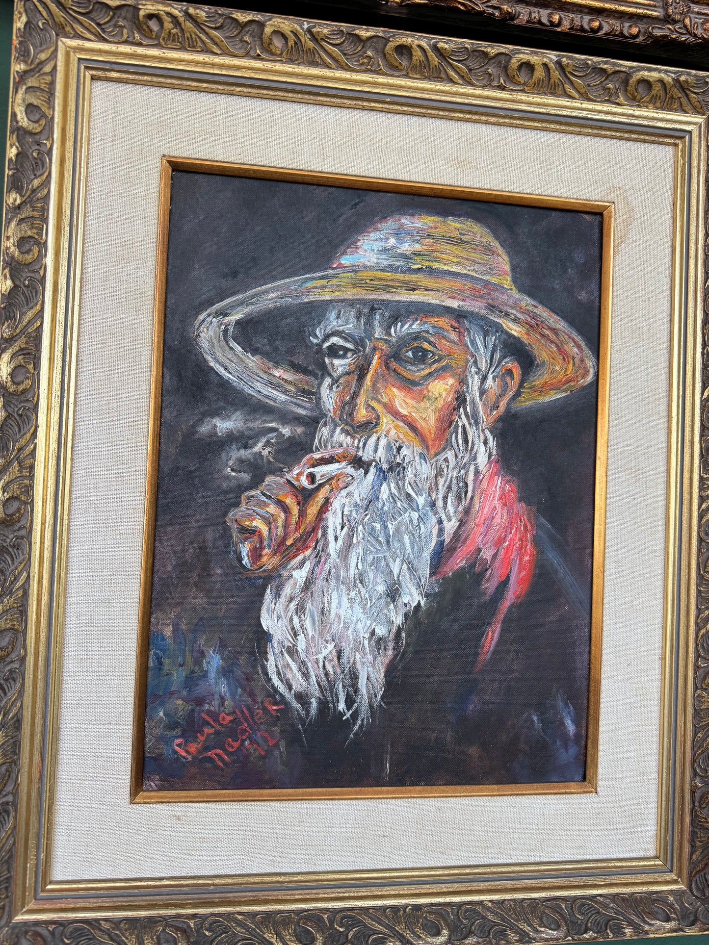"The Smoker Man " – Original 1972 Oil Painting, Signed “Paula Nadler”, Framed Expressionist Portrait