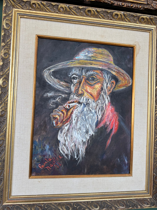 "The Smoker Man " – Original 1972 Oil Painting, Signed “Paula Nadler”, Framed Expressionist Portrait