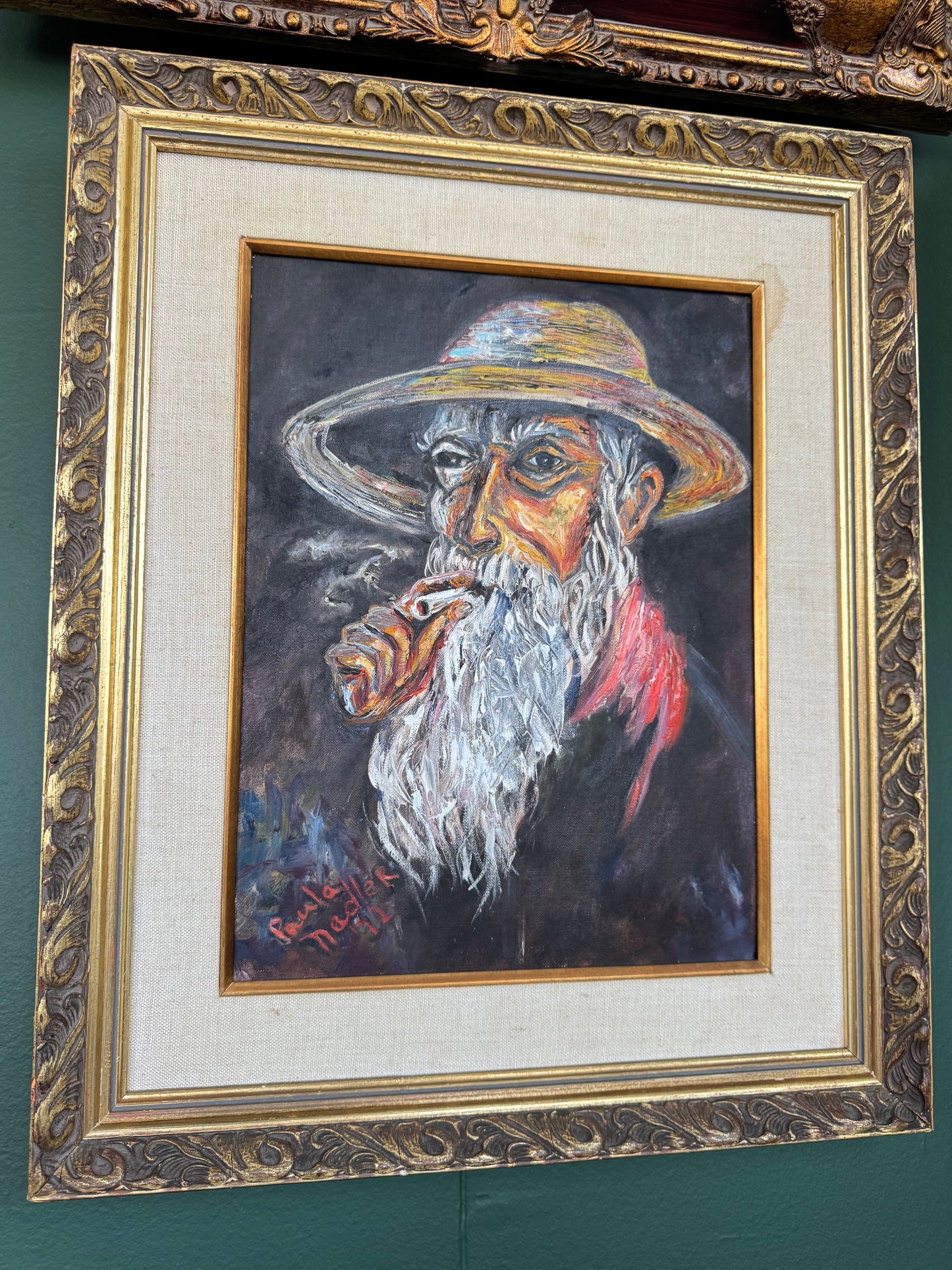 "The Smoker Man " – Original 1972 Oil Painting, Signed “Paula Nadler”, Framed Expressionist Portrait
