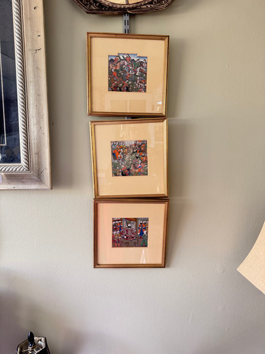 Set of 3 Framed Persian Miniature Style Battle Scene Prints – Vintage Middle Eastern Art Decor