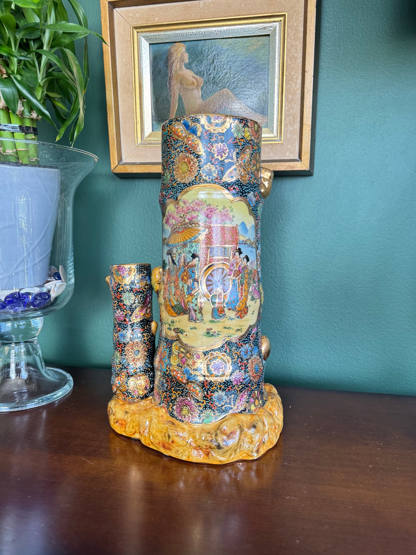 Vintage Chinese Satsuma Ceramic Vase #102 – Hand Painted Geisha Scene, Tall 12"