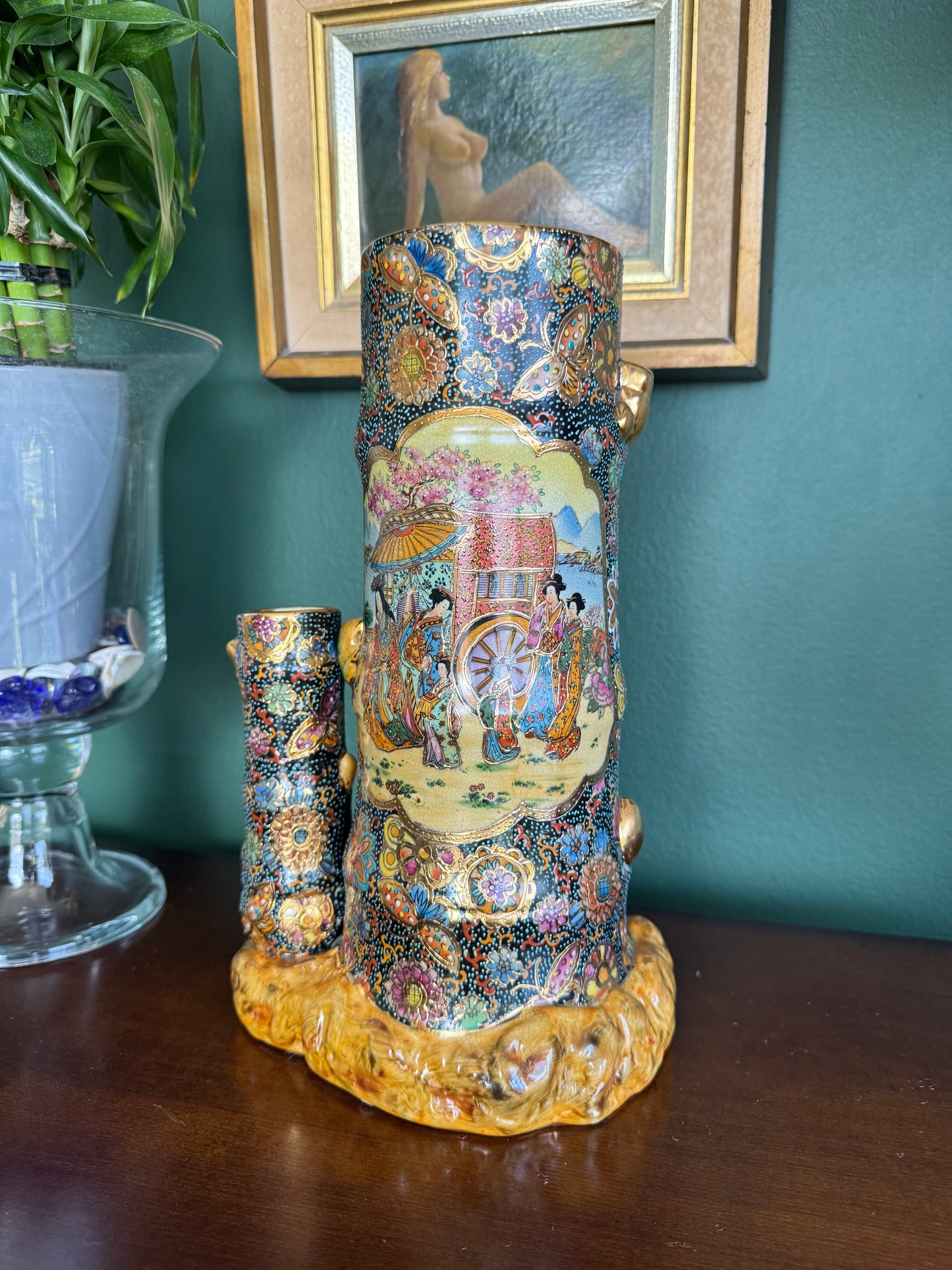 Vintage Chinese Satsuma Ceramic Vase #102 – Hand Painted Geisha Scene, Tall 12"