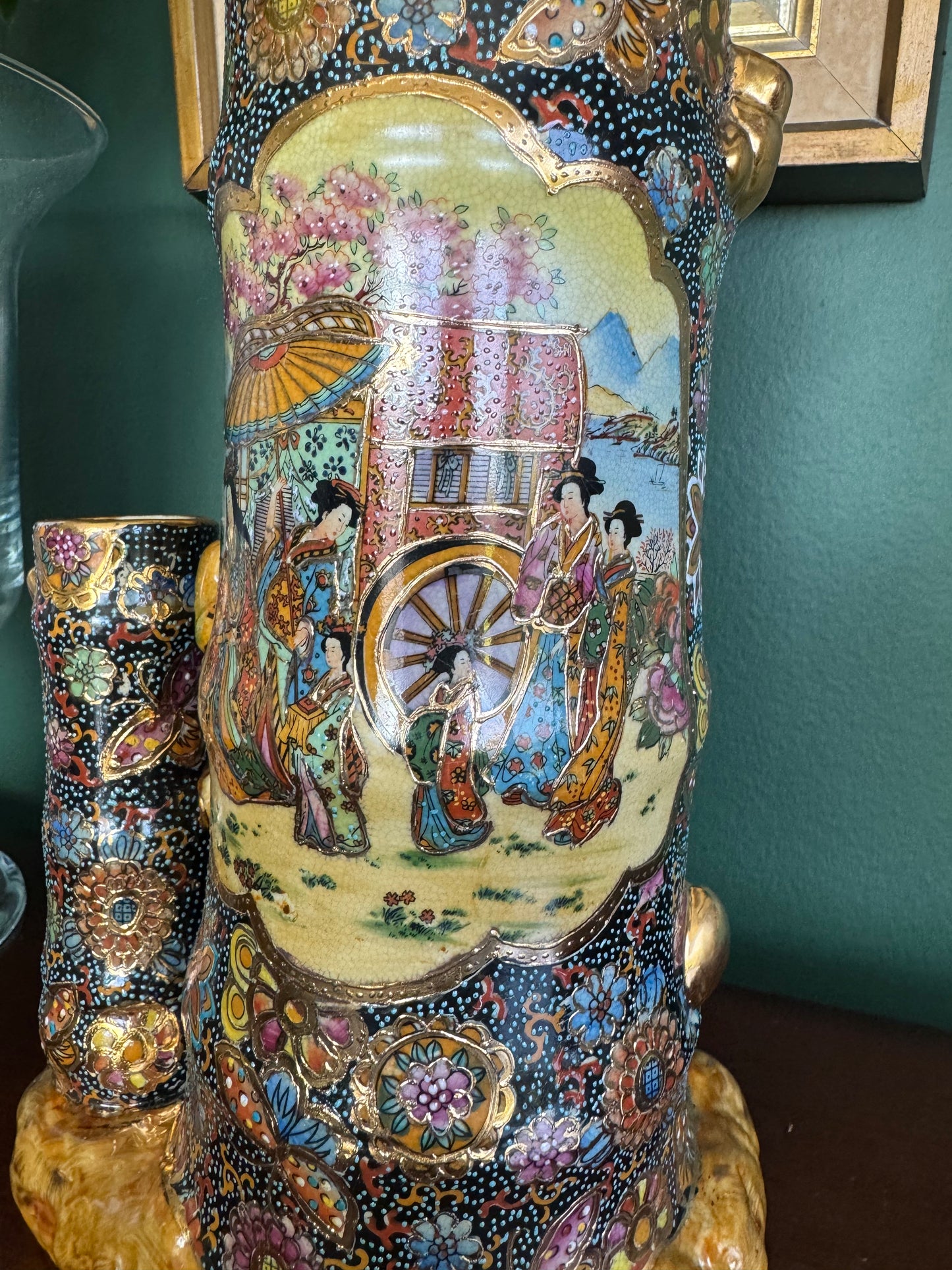 Vintage Chinese Satsuma Ceramic Vase #102 – Hand Painted Geisha Scene, Tall 12"