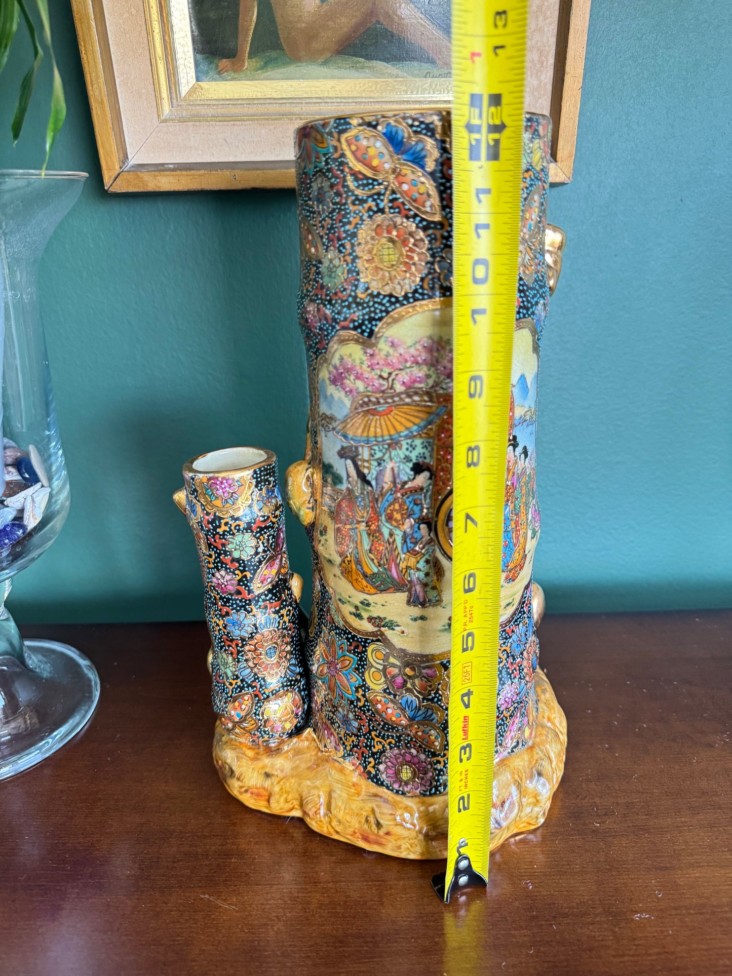 Vintage Chinese Satsuma Ceramic Vase #102 – Hand Painted Geisha Scene, Tall 12"