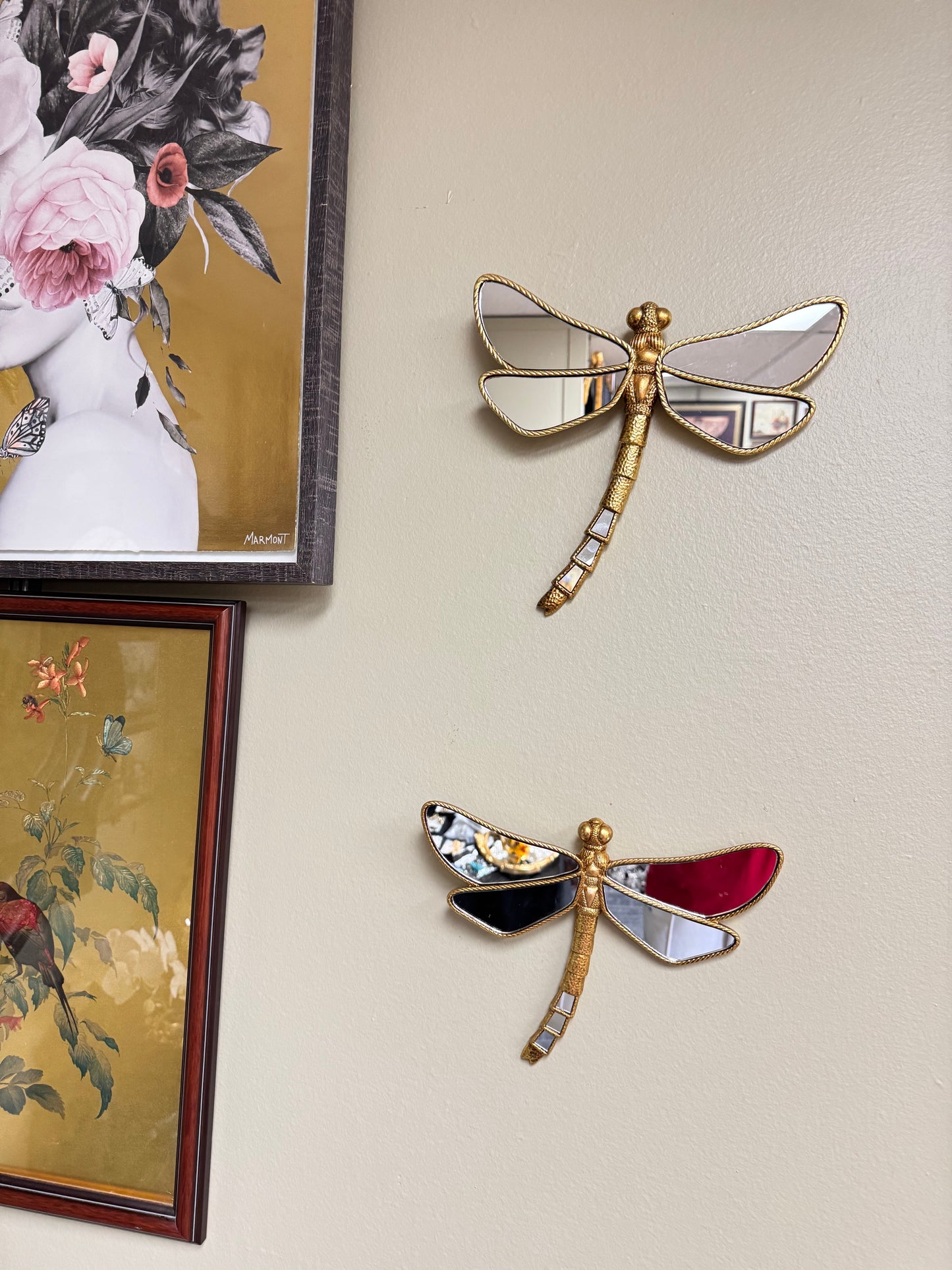 Set of 2 Gold Resin Dragonfly Wall Decor with Mirror Wings