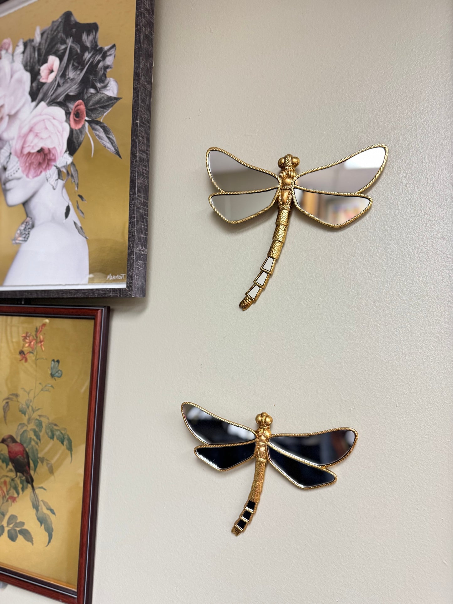 Set of 2 Gold Resin Dragonfly Wall Decor with Mirror Wings