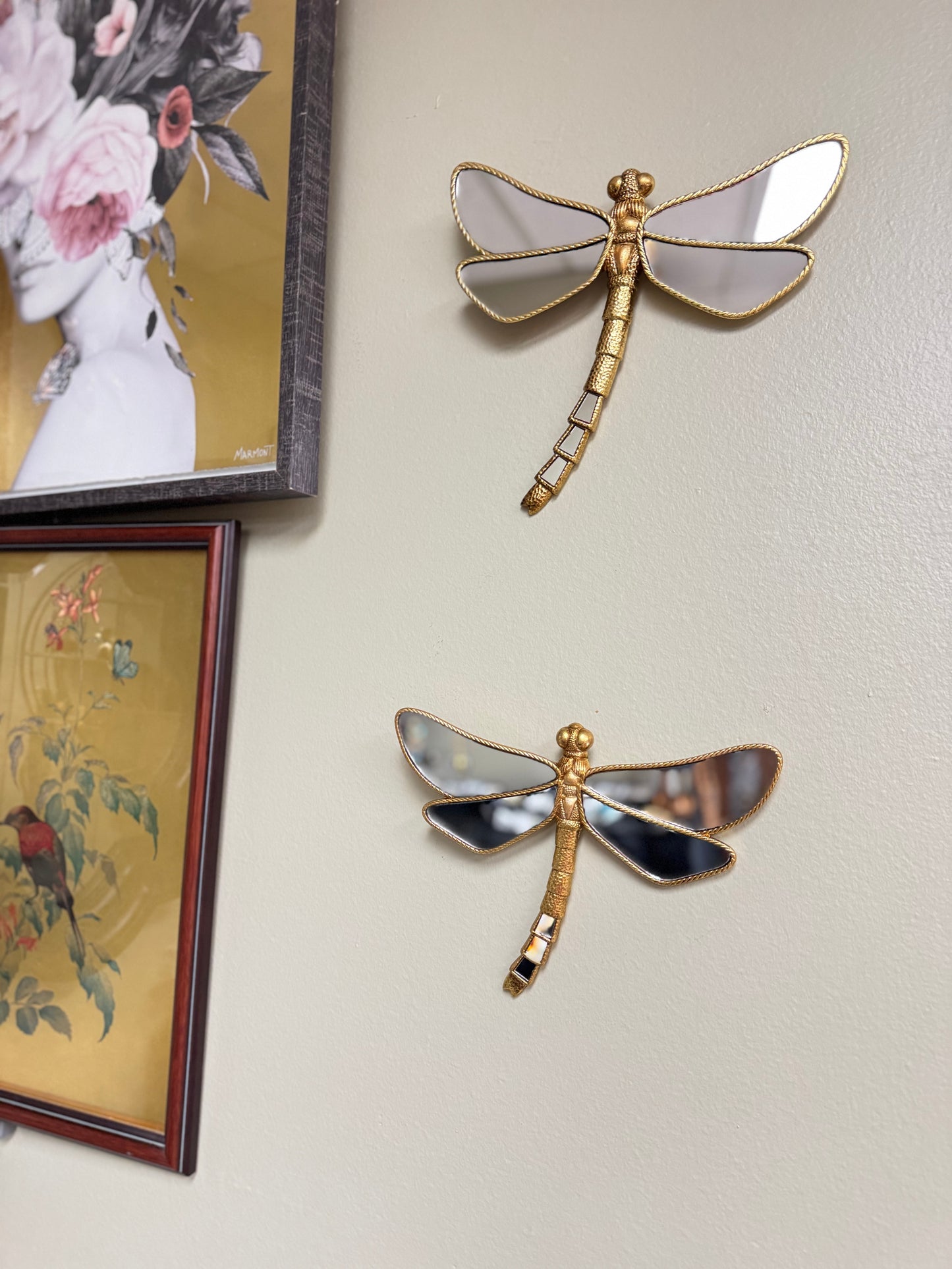Set of 2 Gold Resin Dragonfly Wall Decor with Mirror Wings