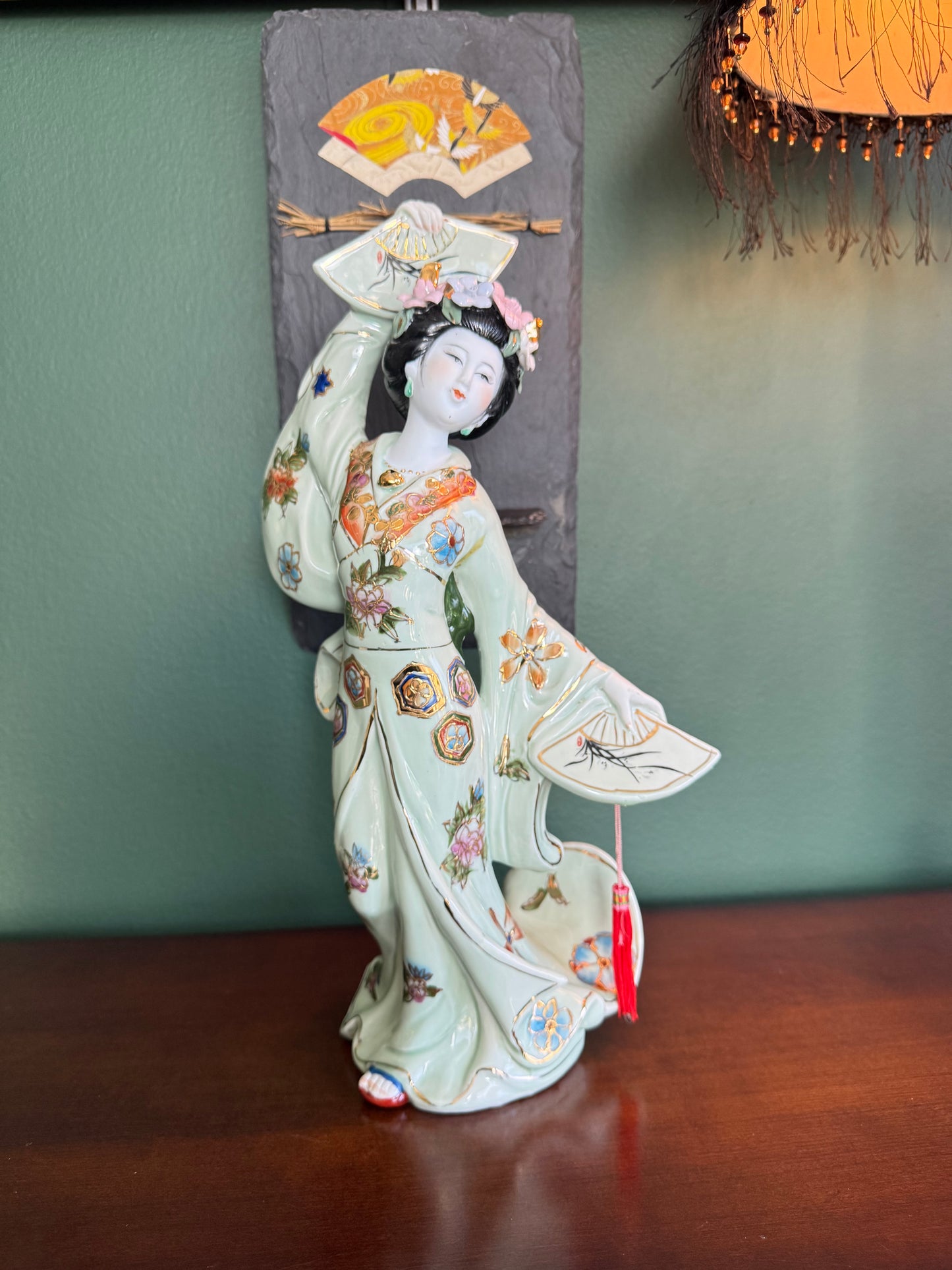 Japanese Geisha Porcelain Figurine with Fans – Hand Painted – 14.5"