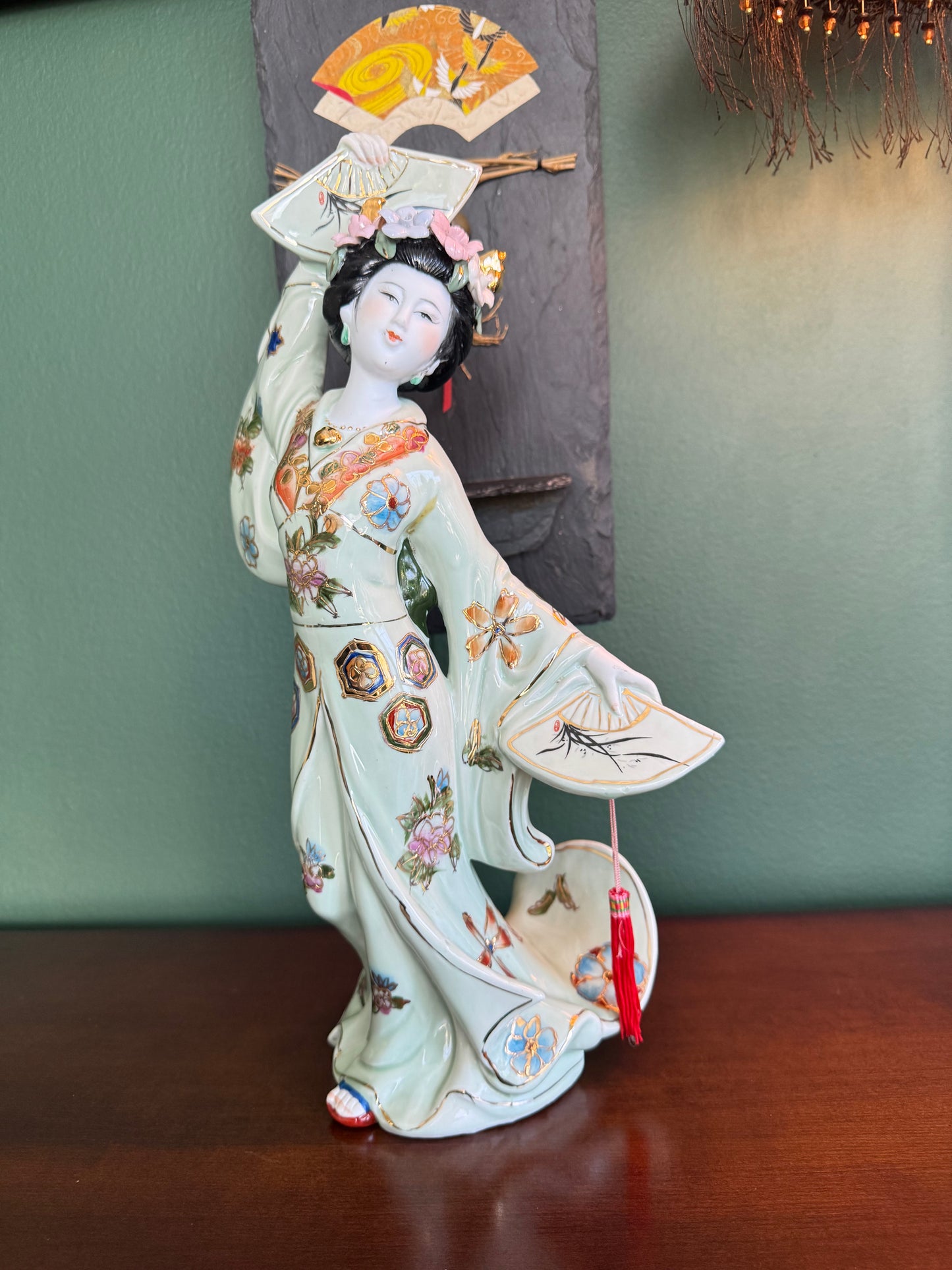 Japanese Geisha Porcelain Figurine with Fans – Hand Painted – 14.5"