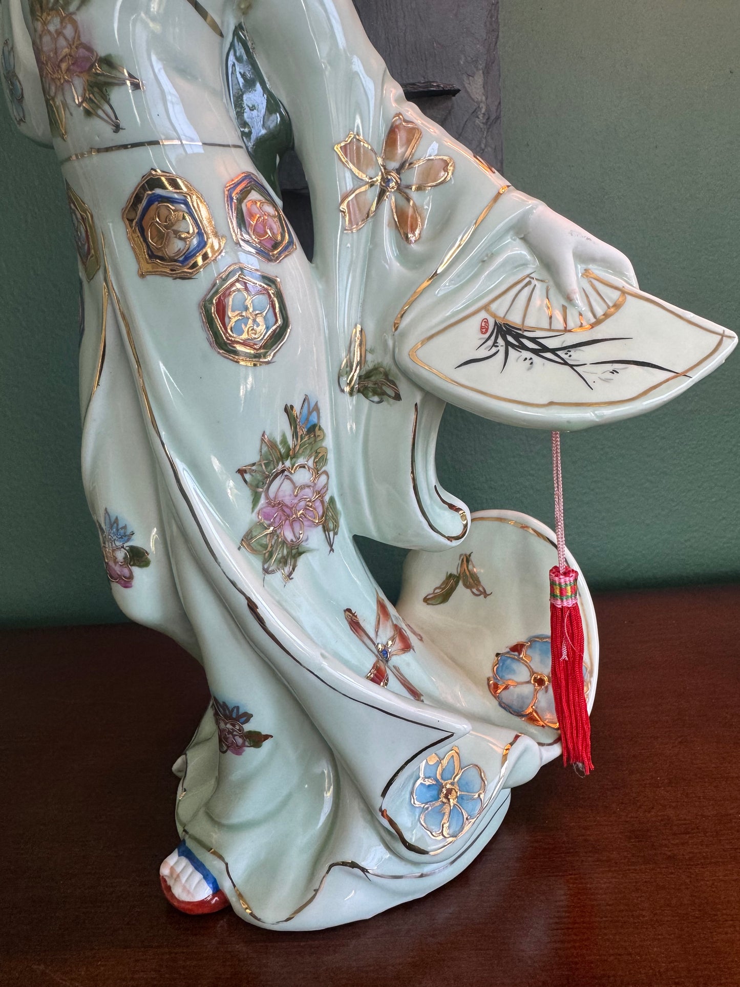Japanese Geisha Porcelain Figurine with Fans – Hand Painted – 14.5"