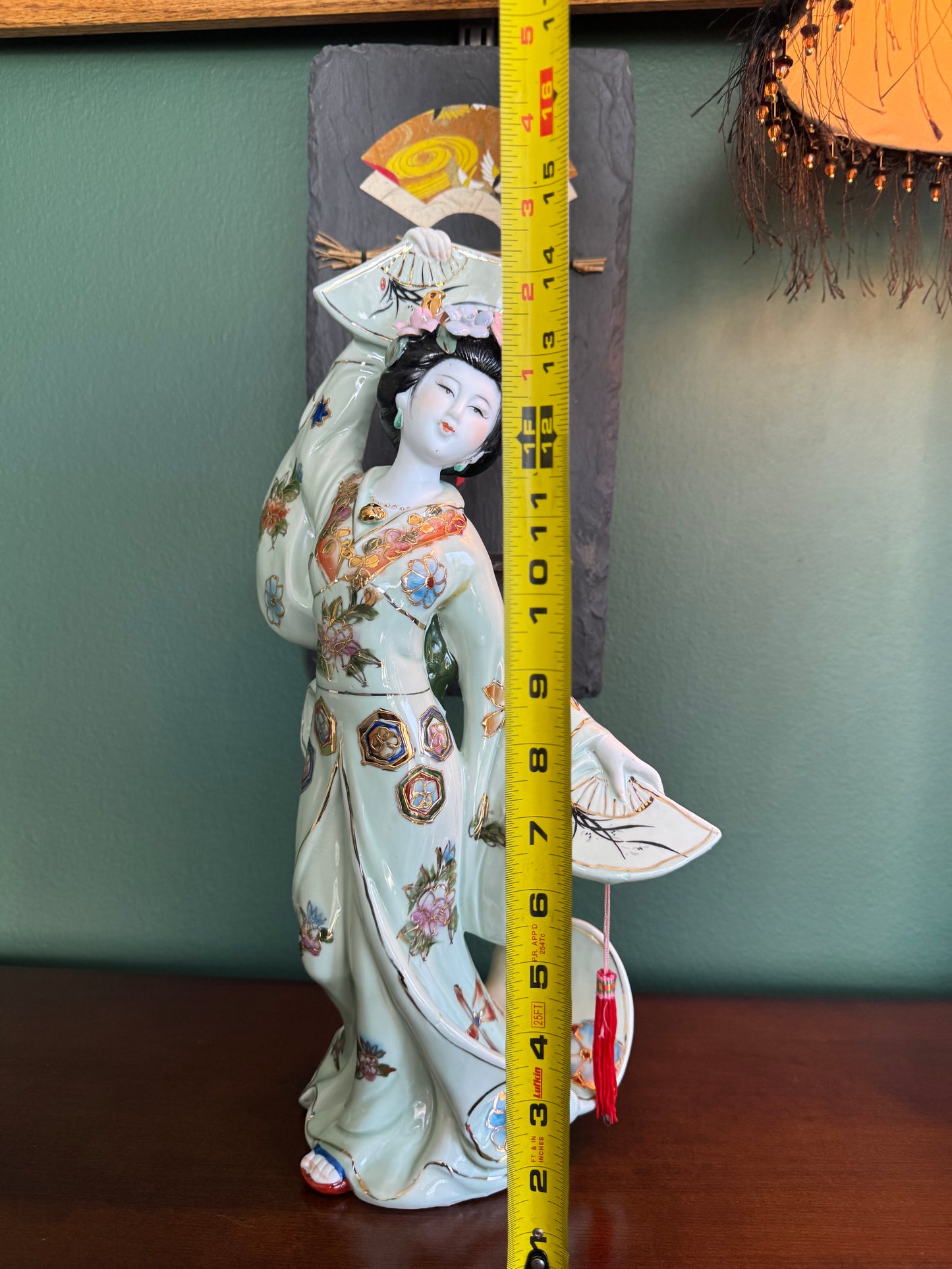 Japanese Geisha Porcelain Figurine with Fans – Hand Painted – 14.5"