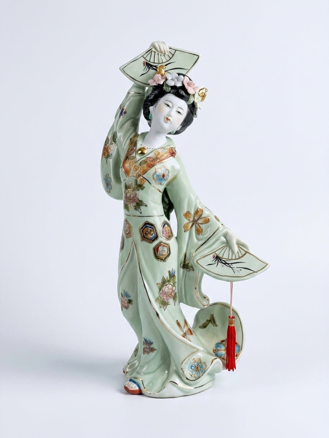 Japanese Geisha Porcelain Figurine with Fans – Hand Painted – 14.5"