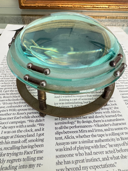 Vintage Glass Magnifying Lens on Brass Stand Decorative Optical Display