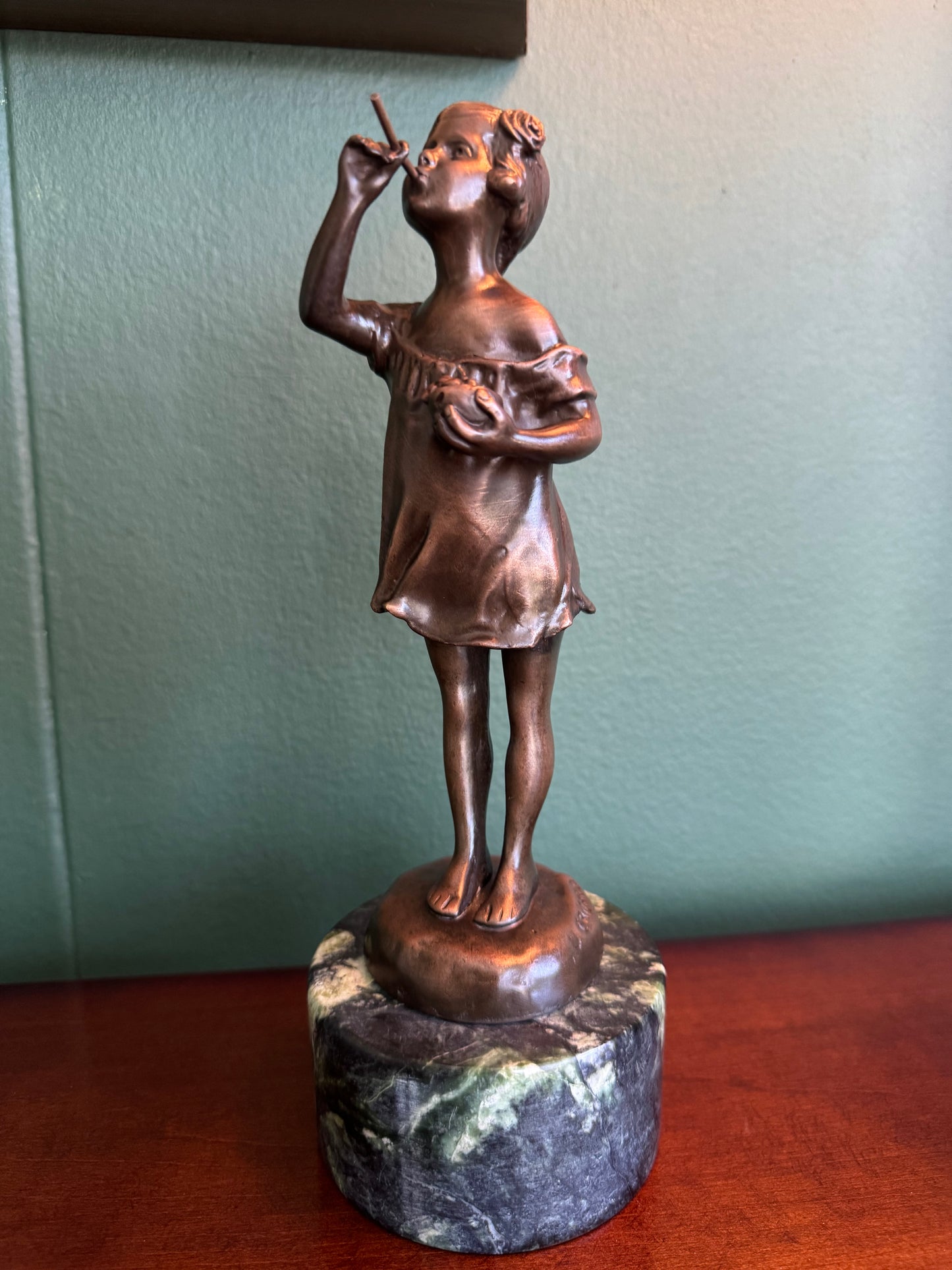 Signed CAIZARO Bronze Girl Figurine with Green Marble Base Tall-10"