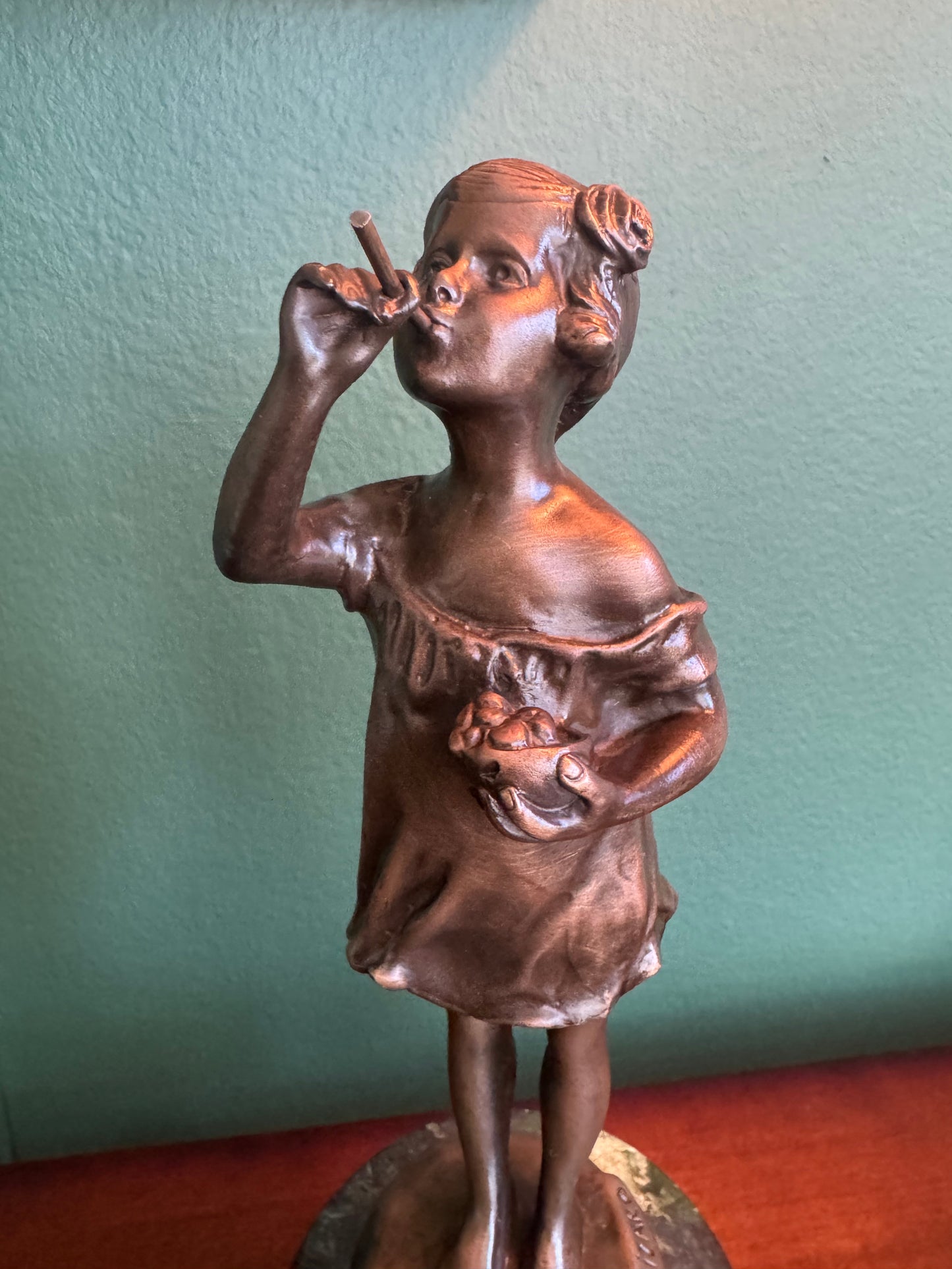 Signed CAIZARO Bronze Girl Figurine with Green Marble Base Tall-10"