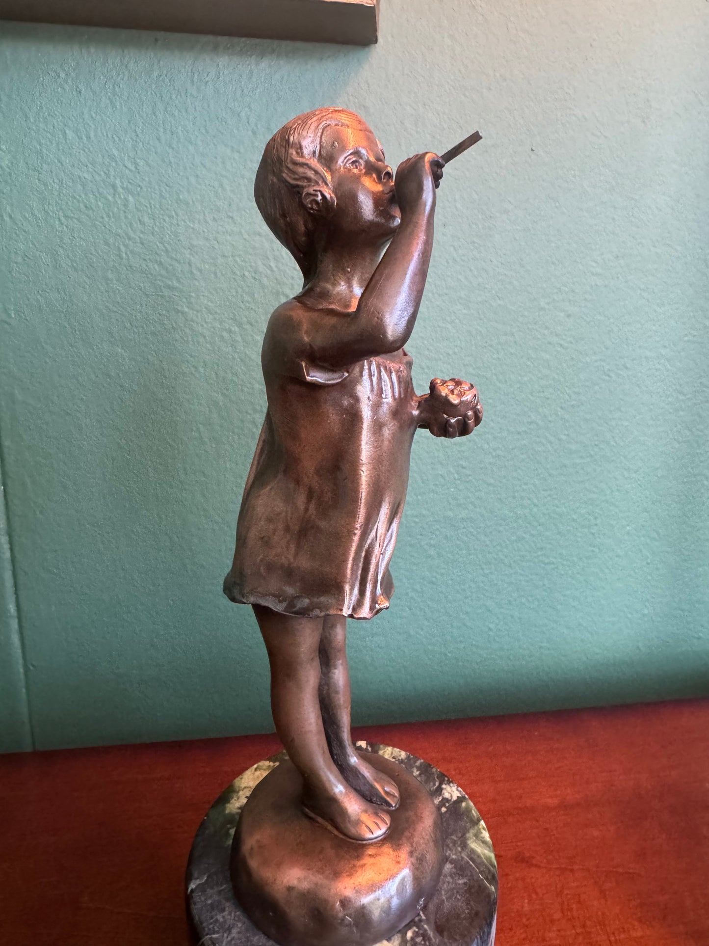 Signed CAIZARO Bronze Girl Figurine with Green Marble Base Tall-10"