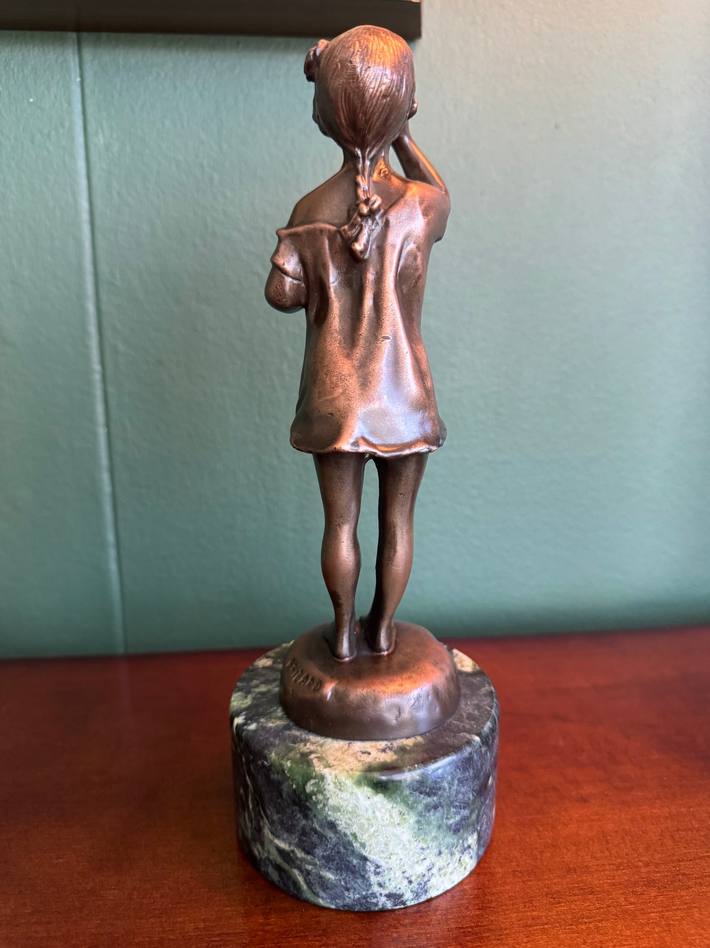 Signed CAIZARO Bronze Girl Figurine with Green Marble Base Tall-10"