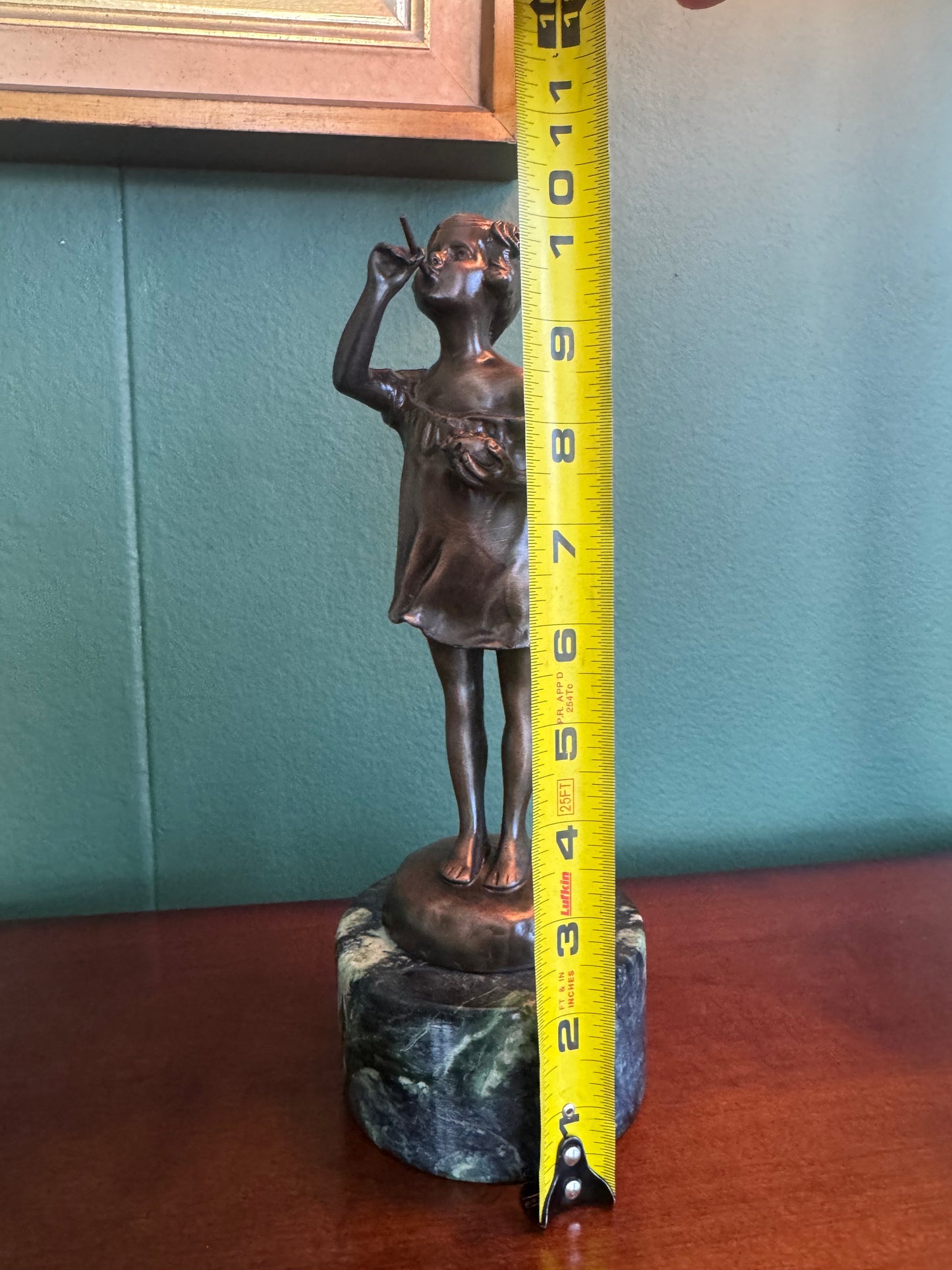 Signed CAIZARO Bronze Girl Figurine with Green Marble Base Tall-10"