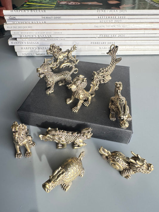 Set of 9 Mini Brass Dragon & Mythical Creature Figurines – Vintage Style Chinese Inspired Decorative Mini Sculptures