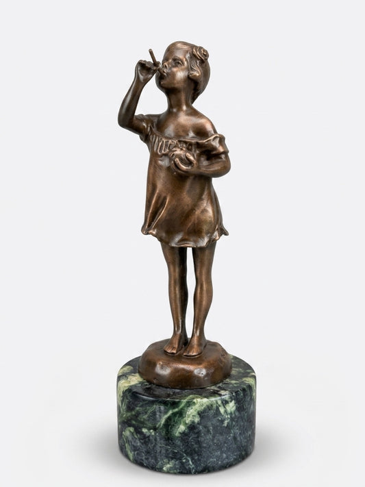 Signed CAIZARO Bronze Girl Figurine with Green Marble Base Tall-10"