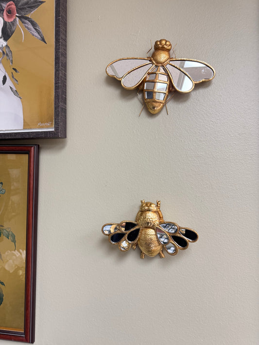 Set of 2 Gold Bees Wall Decor Sculptures with Mirror Wing Details – Modern Glam Accent Wall Art, Statement Home Decor