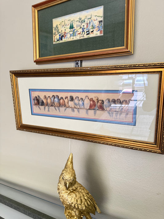 Original Watercolor Bird Painting Signed Leigh Block – Vintage Framed Songbird Artwork, Nature Wall Decor