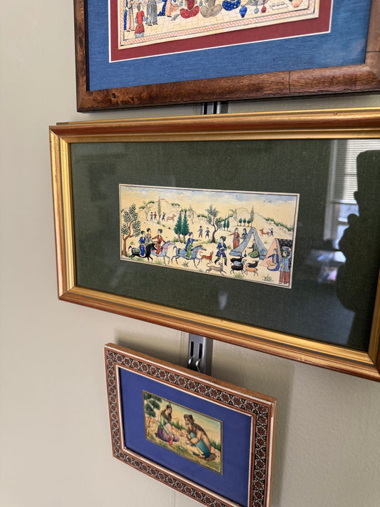 Hand-Painted Miniature Style Hunting Scene Artwork – Framed Middle Eastern Inspired Illustration on Vellum, Vintage Wall Decor