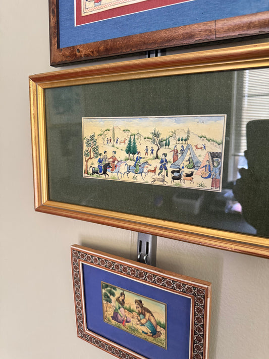 Hand-Painted Miniature Style Hunting Scene Artwork – Framed Middle Eastern Inspired Illustration on Vellum, Vintage Wall Decor