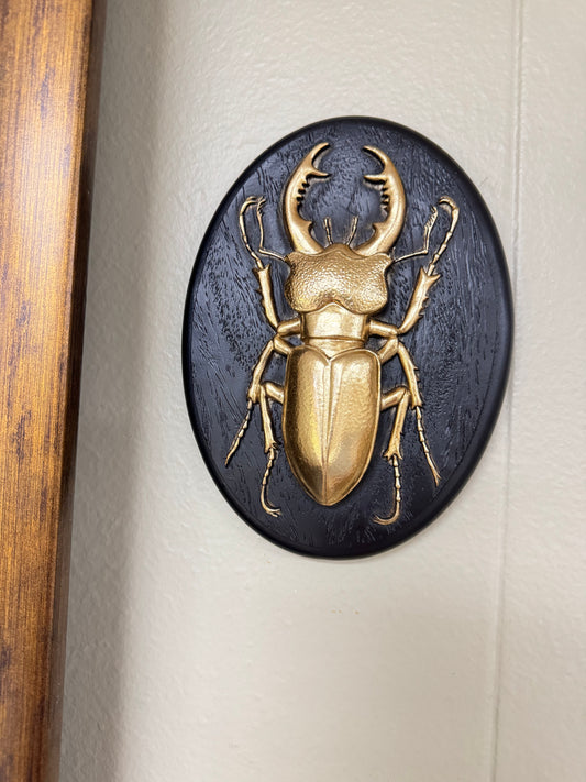 Gold Stag Beetle Wall Decor Plaque – Resin Insect Sculpture Gothic Style Black Oval Hanging