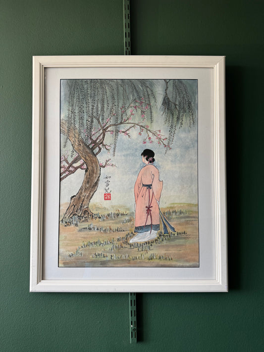Original Asian Watercolor Painting of Young Woman Under Blossoming Tree | Framed Vintage Artwork