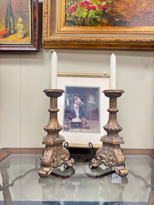 Set of 2 Classic Ornate Candle Holders – Bronze Style Decorative Candlesticks – Traditional Table Decor – Andrea by Sadek