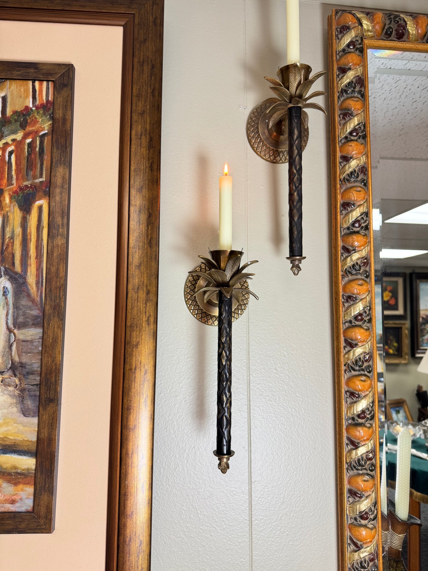 Set of 2 Vintage Hollywood Regency Palm Tree Wall Candle Sconces Tall 12"