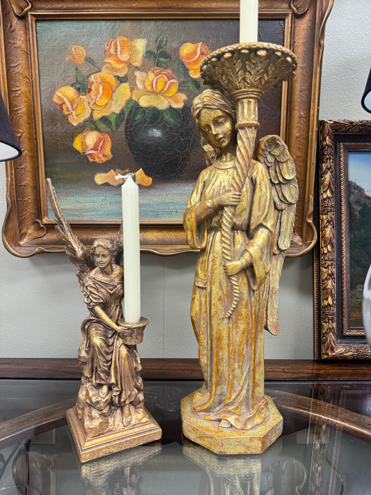 Set of 2 Angel Candle Holders – Antique Gold Style Resin Figurine Candle Sticks