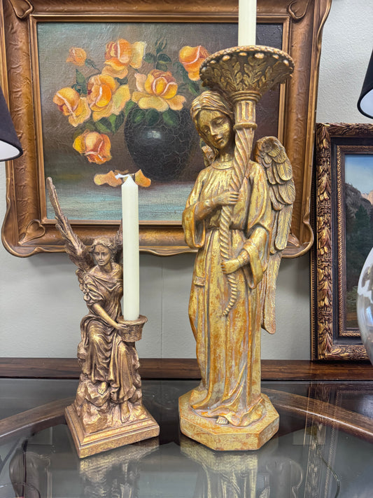 Set of 2 Angel Candle Holders – Antique Gold Style Resin Figurine Candle Sticks