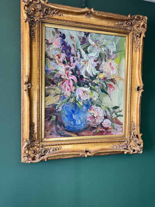 Vintage Signed Original Oil on Canvas Floral Still Life in Ornate Gold Frame