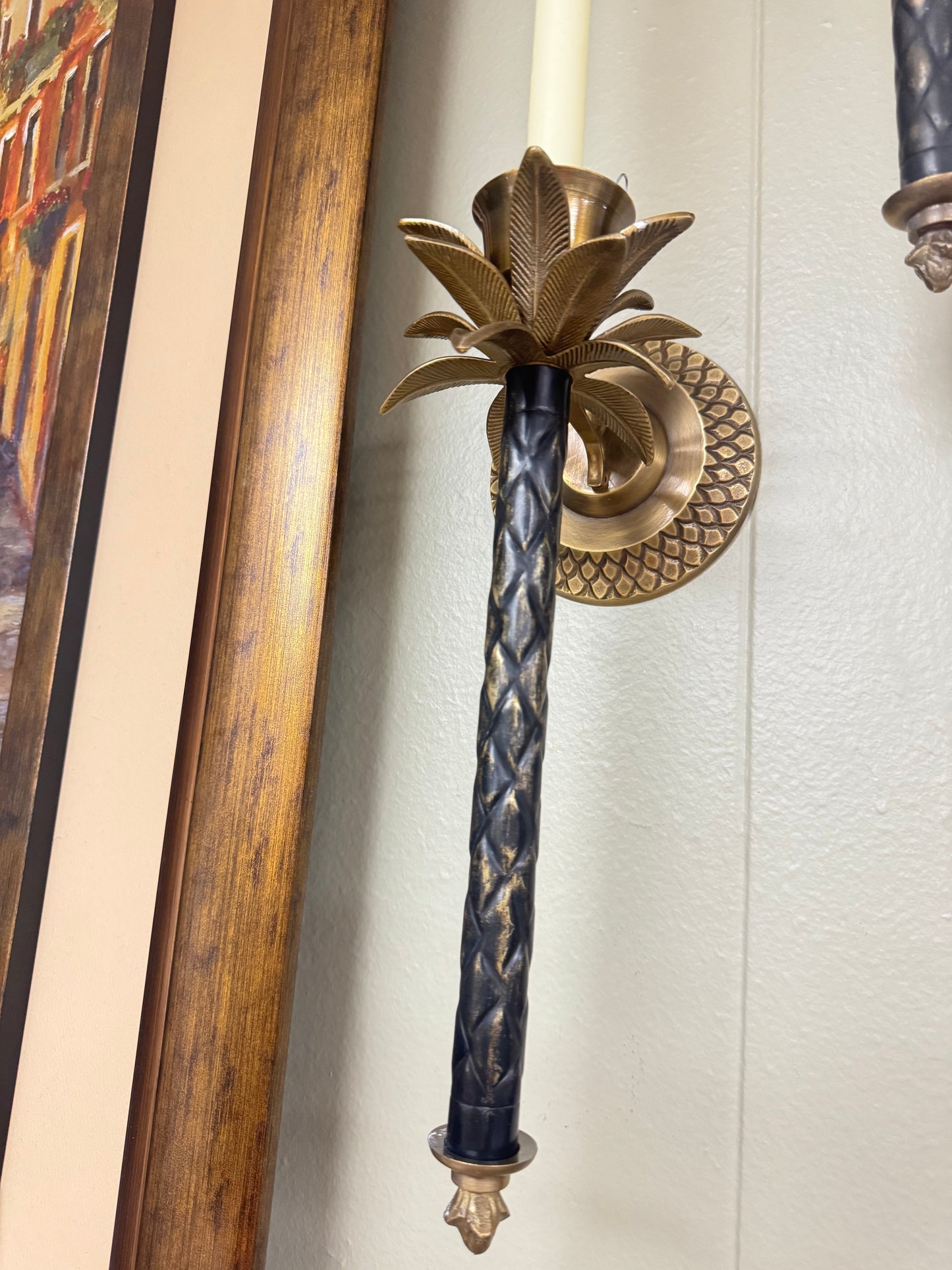 Set of 2 Vintage Hollywood Regency Palm Tree Wall Candle Sconces Tall 12"