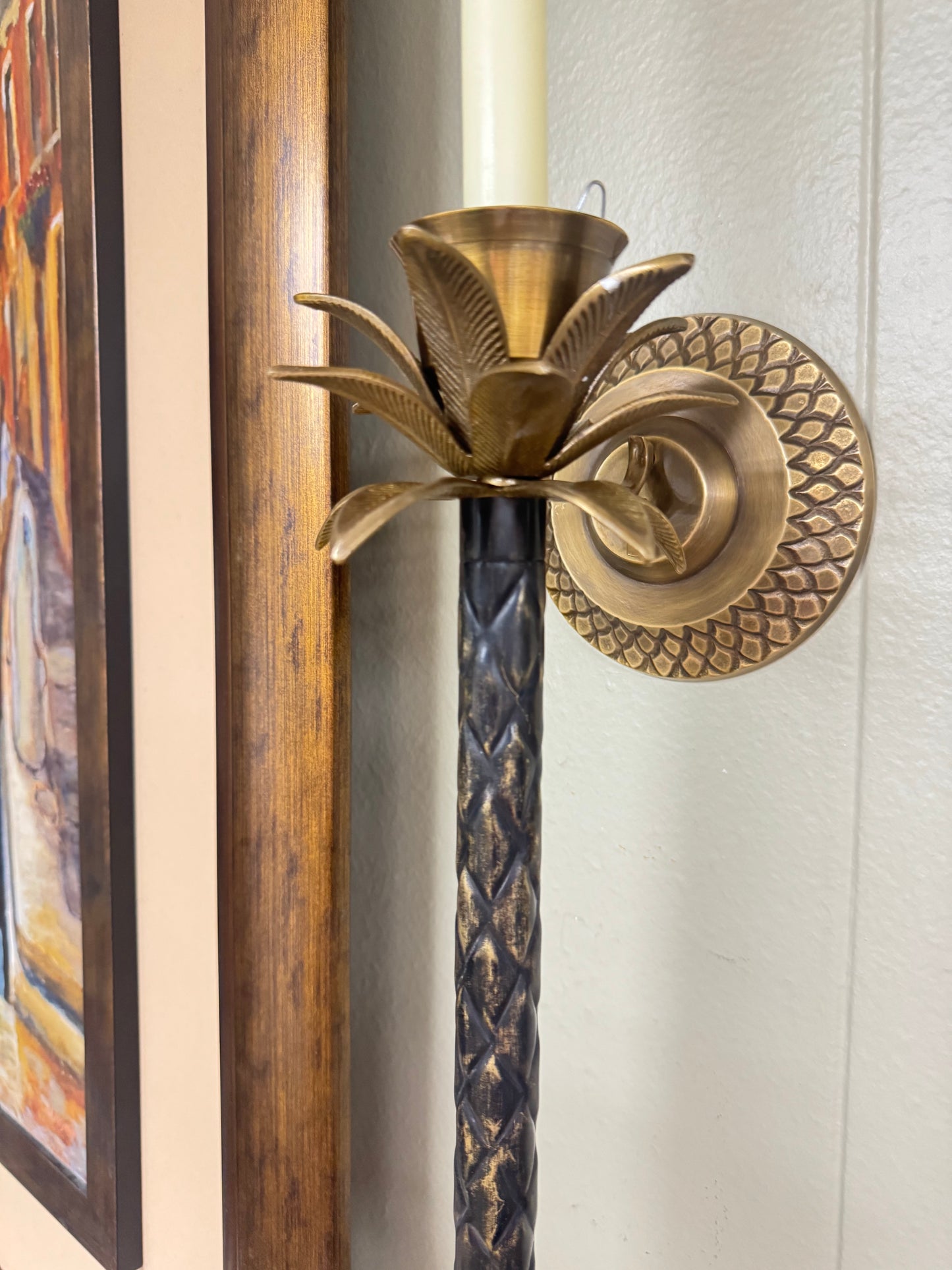 Set of 2 Vintage Hollywood Regency Palm Tree Wall Candle Sconces Tall 12"