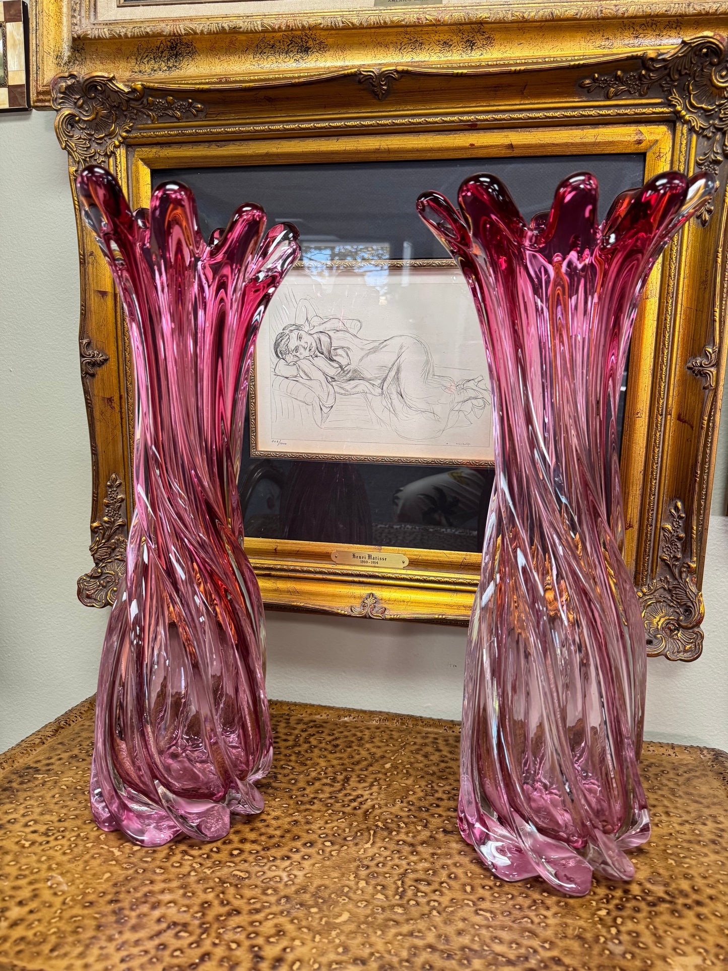 Vintage NF Design Pink Art Glass Vases – Matching Pair – 18” Tall