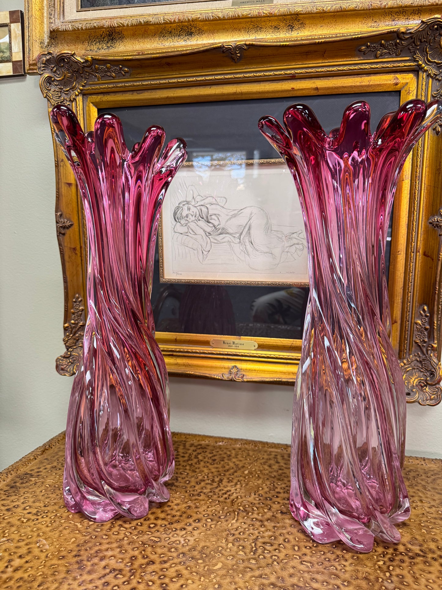 Vintage NF Design Pink Art Glass Vases – Matching Pair – 18” Tall