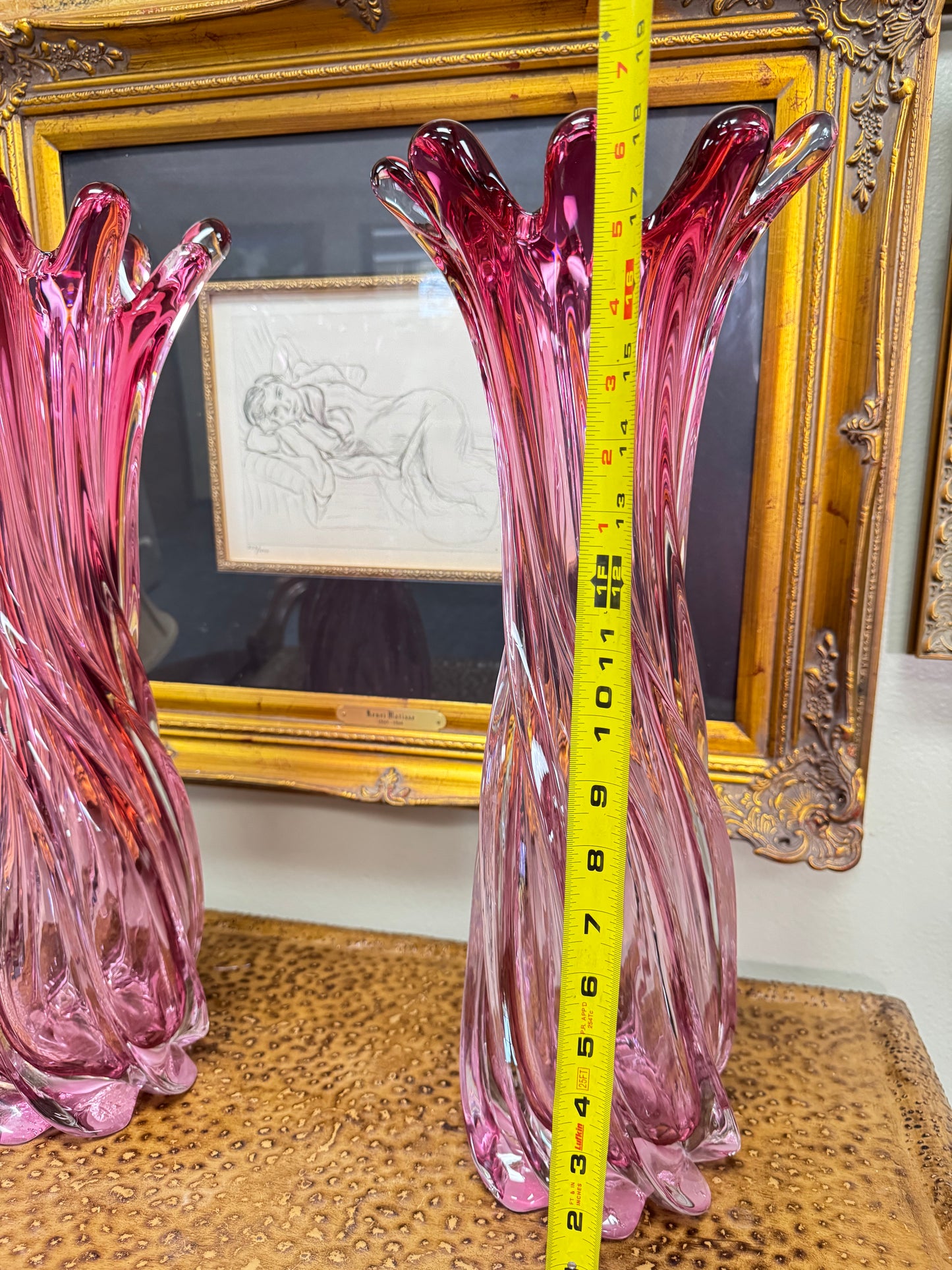 Vintage NF Design Pink Art Glass Vases – Matching Pair – 18” Tall