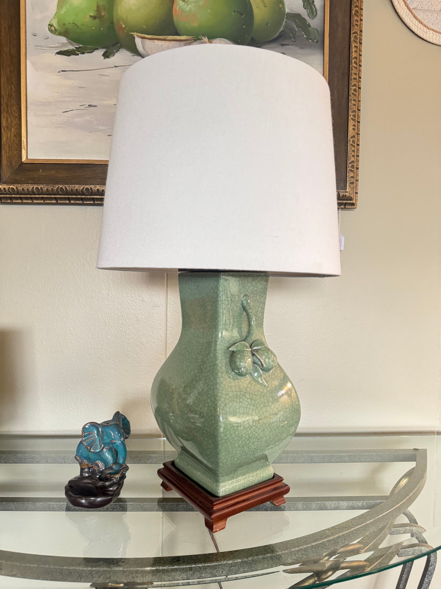 Vintage celadon crackle glaze ceramic table lamp, early 2000s, solid wood base.”