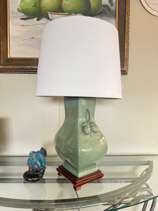 Vintage celadon crackle glaze ceramic table lamp, early 2000s, solid wood base.”