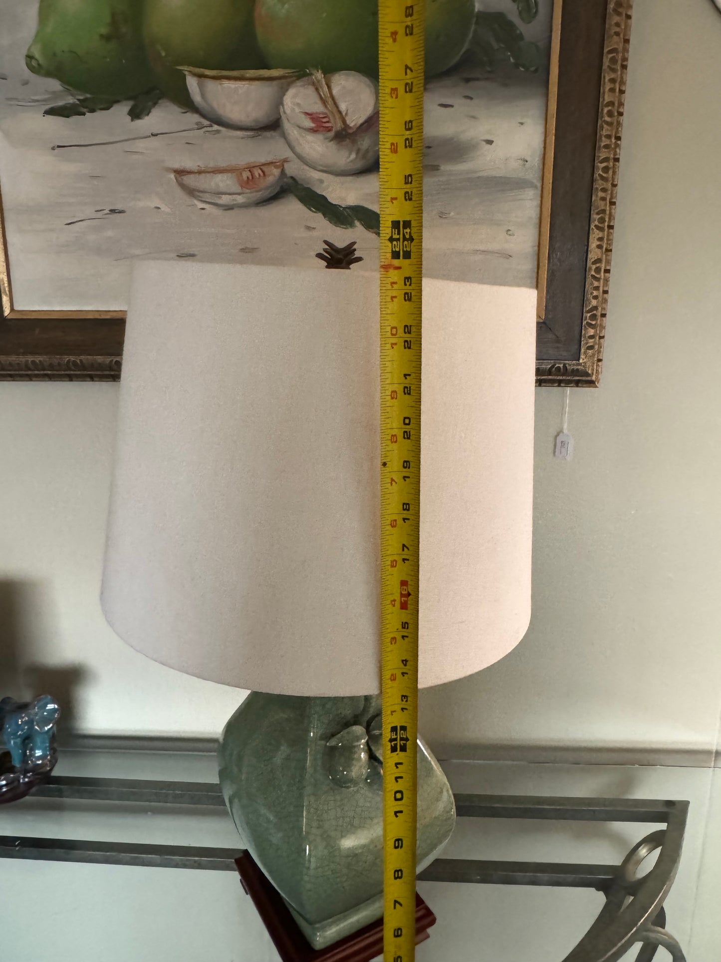 Vintage celadon crackle glaze ceramic table lamp, early 2000s, solid wood base.”