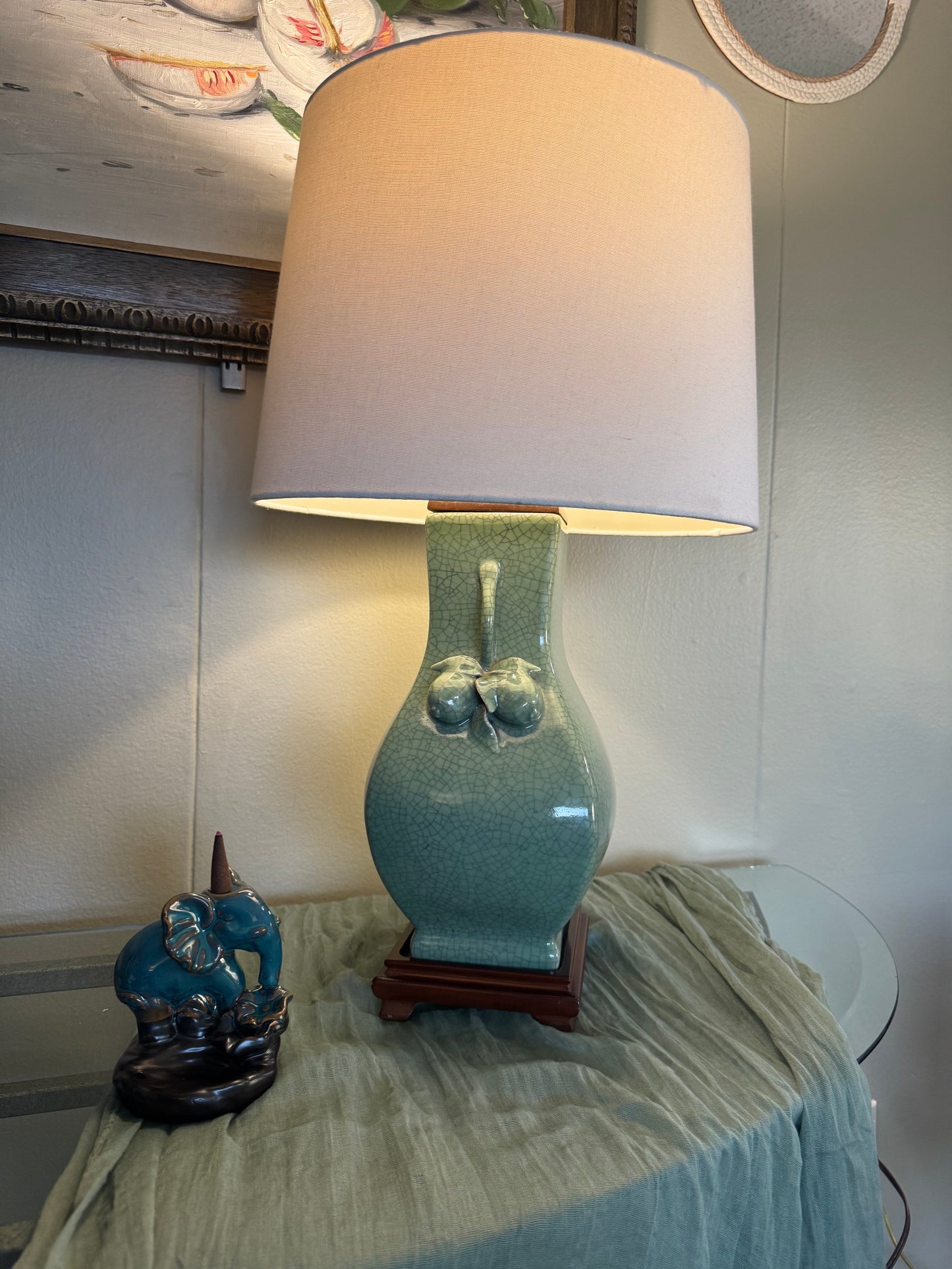 Vintage celadon crackle glaze ceramic table lamp, early 2000s, solid wood base.”