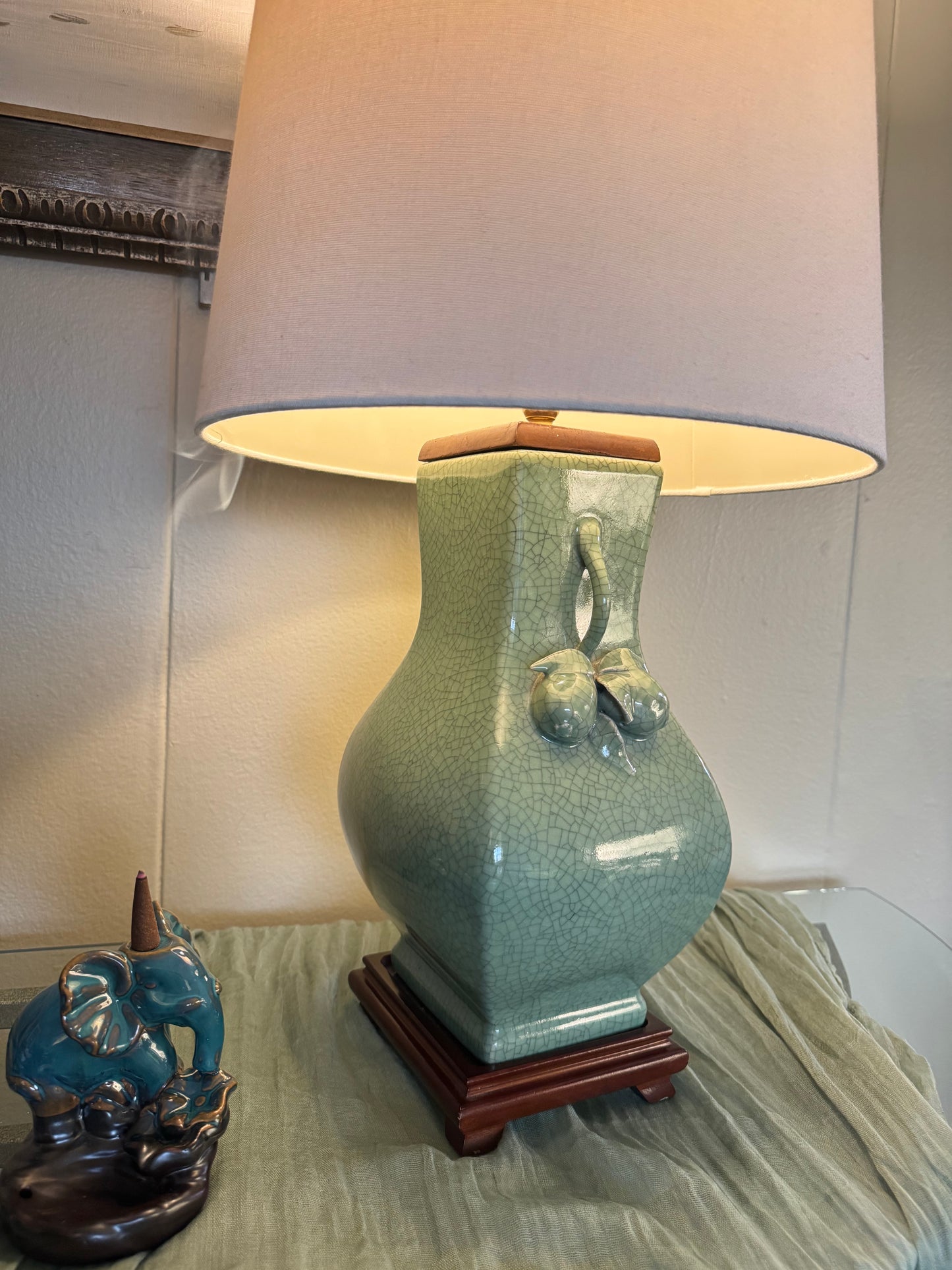 Vintage celadon crackle glaze ceramic table lamp, early 2000s, solid wood base.”