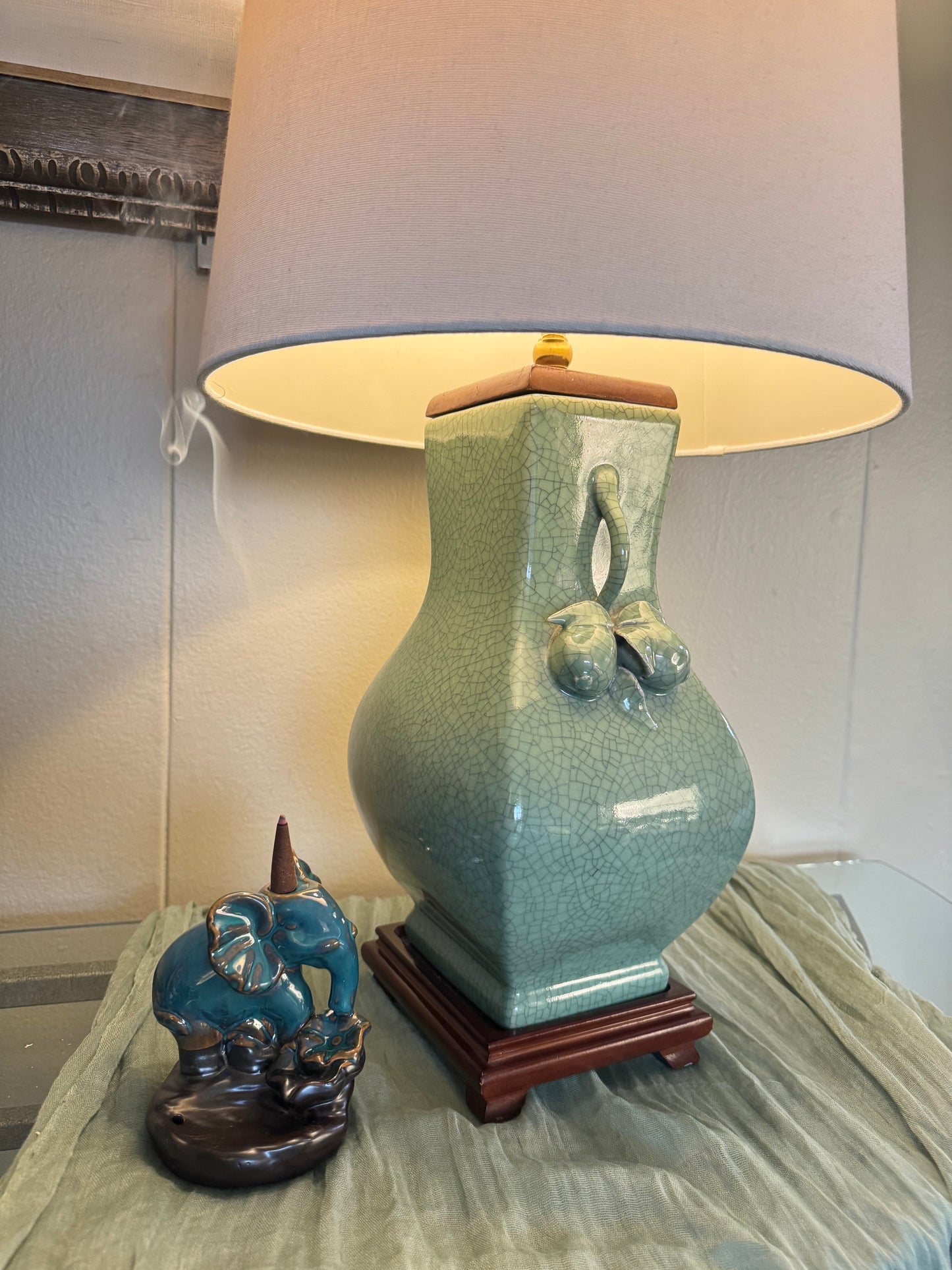 Vintage celadon crackle glaze ceramic table lamp, early 2000s, solid wood base.”