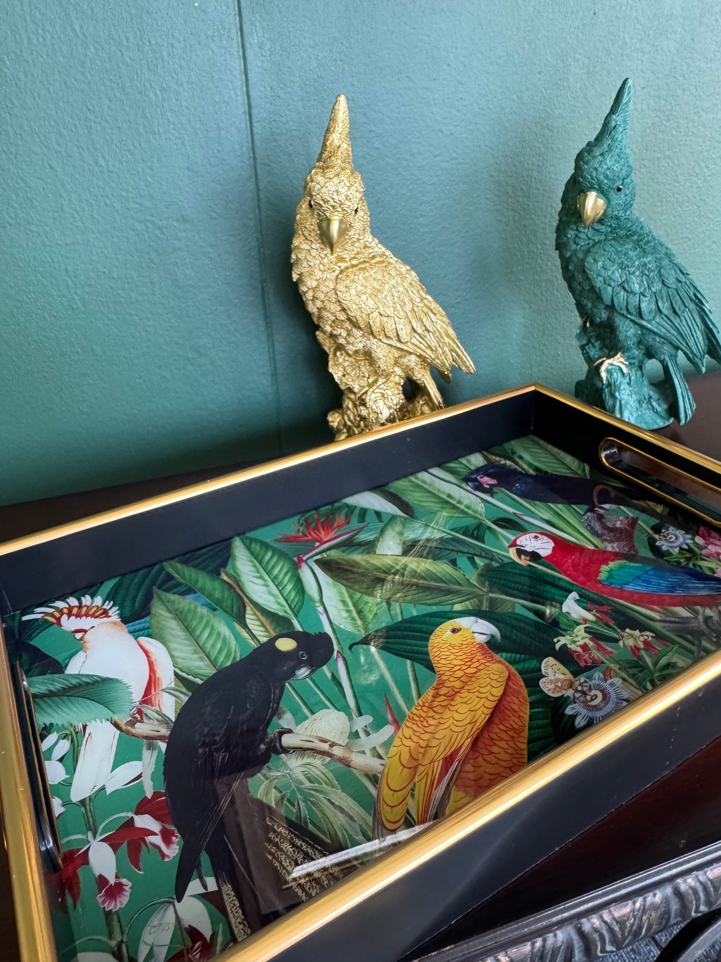 Tropical Parrot Bird Decorative Serving Tray Gold Black 15” x 10”